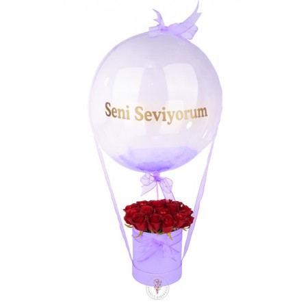 Mor Kutuda Balonlu Seni Seviyorum Gülleri